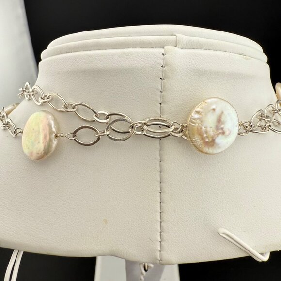 Coin Pearl Necklace Single Strand With Silver-Tone Chain Elegant - Picture 6 of 11